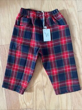 Kids Red and Navy Plaid Elastic Waist Pants by vivace